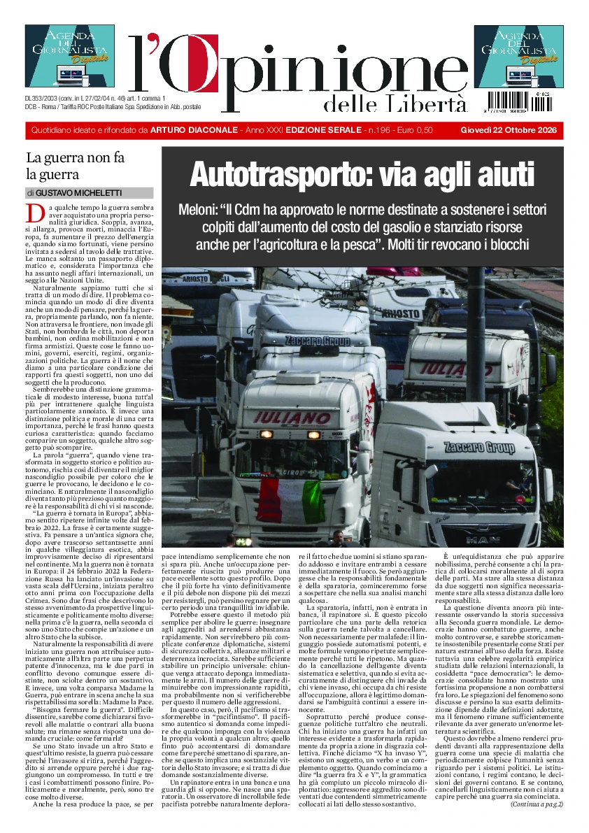 Prima-pagina-opinione della liberta-edizione-di-oggi-2026-10-23